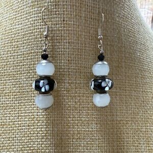 Milky Quartz, Onyx and Black Floral Art Glass Earrings
